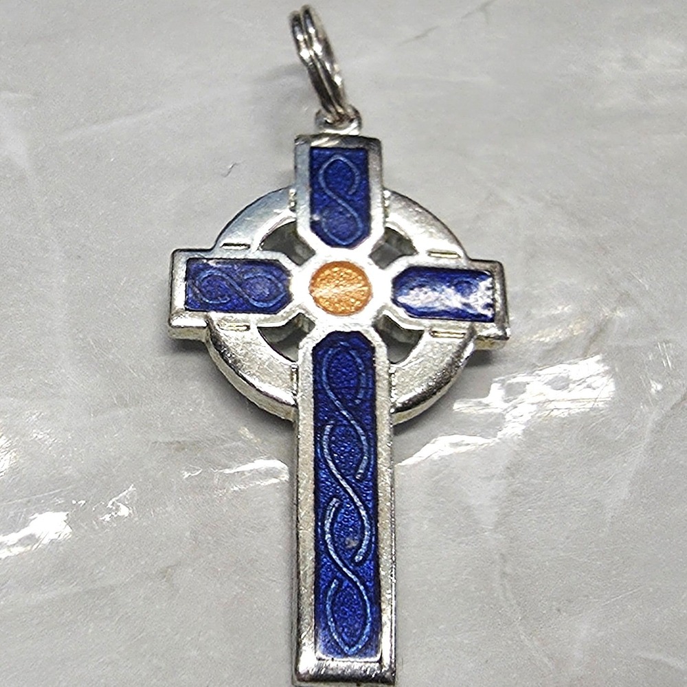 Vtg Fish Ent Crown Celtic Cross Pendant SilverTone Enamel Religious Christian